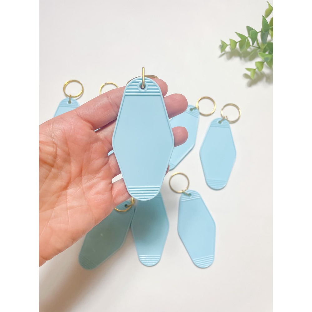 Light blue motel keychain blank kechain backpack tag diy keychain